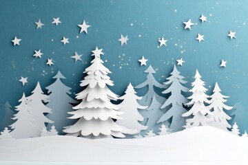 Obraz premium Paper Cut Winter Forest with Stars and Snowflakes