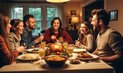 Family enjoying a Thanksgiving meal together, gathered around a table with a cozy, joyful atmosphere. Generated with AI