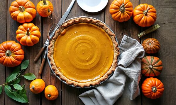 Traditional pumpkin pie on a rustic table surrounded by fresh pumpkins and ingredients. Warm and festive atmosphere. Generated with AI