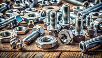 Metal bolts, nuts, and washers arranged on a table in a workshop mechanic setting