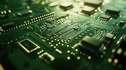 Fototapeta premium A high-resolution close-up of a green computer circuit board, highlighting the tiny metallic traces and connectors in sharp focus.