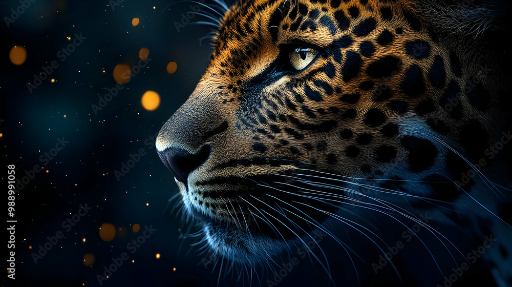 Poster close-up of a leopard's face with spot pattern in the night