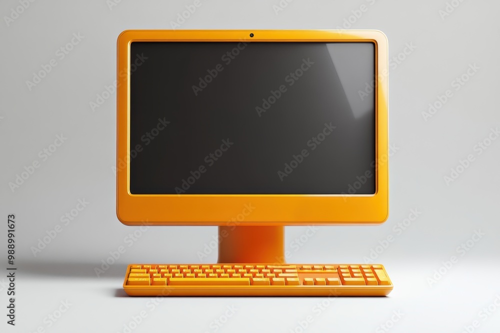 Poster stylish orange computer monitor with keyboard on a white background.