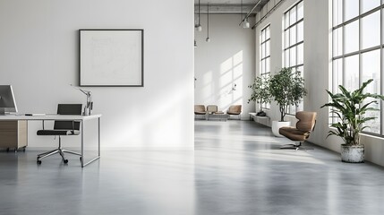 Fototapeta premium A clean, minimalist office space with sharp lines, neutral tones, and an uncluttered layout. White walls, polished concrete floors, and sleek furniture reflect simplicity and sophistication, creating 