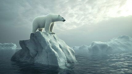 Fototapeta premium A lone polar bear stands majestically on an ice floe, surrounded by water and a serene cloudy sky, highlighting the beauty and fragility of polar habitats.