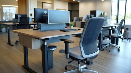 A sleek, modern office with adjustable ergonomic chairs, standing desks, and health-focused equipment, all arranged in a way that promotes comfort and productivity. Smooth lines and soft curves create