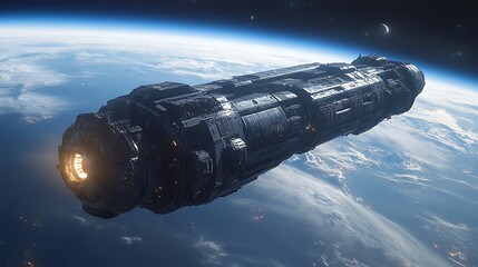 Fototapeta premium A panoramic view of a massive space station floating in the void, illuminated by the distant Sun, with Earthâ€™s horizon glowing in the distance