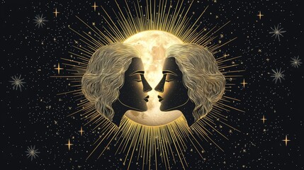 Astrology-Themed Poster, An intricate, golden depiction of the Gemini twins, framed by a glowing sunburst and surrounded by stars, perfect for astrology lovers.