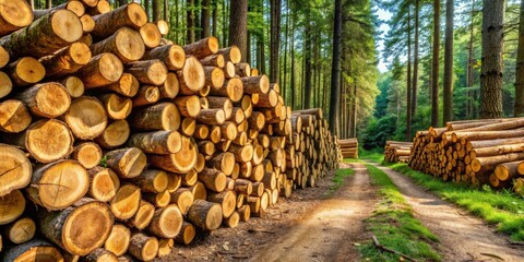 Background of cut and stacked tree trunks in a forest setting
