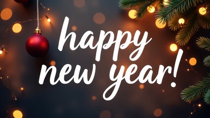 Big white handwriting thin letters “happy new year” over festive background with garlands and bokeh blurred background 