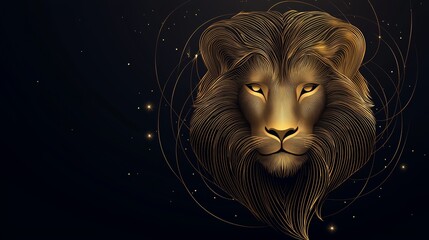 Celestial Leo, A detailed depiction of a lion in radiant gold, surrounded by twinkling stars on a dark background, capturing the regal essence of Leo.