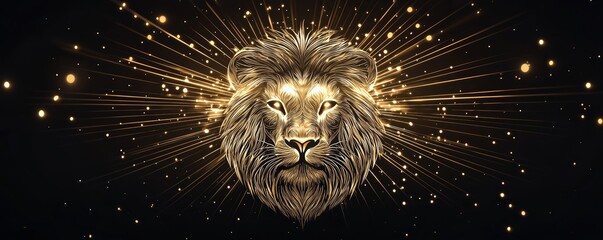 Obraz premium Celestial Lion - Leo Zodiac, A bold and intricate golden lion with celestial rays, representing the fiery and fearless Leo zodiac sign.