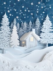 Naklejka premium Paper Cut Snowy Cottage in Winter Forest with Stars and Snowflakes