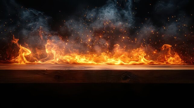 dark dramatic scene of wooden table edge aflame fire consumes surface smoke and embers rise against black background product display with dangerous allure