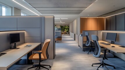 A thoughtfully designed workspace with acoustic panels, quiet zones, and sound-absorbing elements, creating a peaceful environment for focus and concentration. Soft materials, muted colors, and strate
