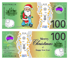 Vector play holiday money. Obverse and reverse of 100 Australian dollar banknote. Certificate denomination of one hundred dollars. Merry Christmas and Happy new year. Toon Santa Claus on a scooter.