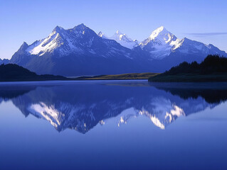 Naklejka premium A serene mountain landscape at dawn, with snow-capped peaks reflected perfectly in a still