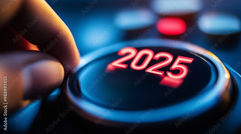 Poster hand adjusting a futuristic dial displaying the year 2025 against a blurred background of technologi