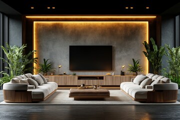 Modern Interior Design: Accentual Living Room with Concrete Wall, Grey and White Color Scheme, Wooden Furniture