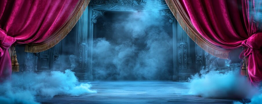 Grand Opera Performance, An ornate opera stage with luxurious velvet curtains and golden tassels, setting the stage for a classical music event.