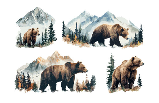 Forest brown bear watercolor vector scenes. Grizzly fur predator fangs claws animal for pines trees snow mountains peaks landscape isolated illustrations