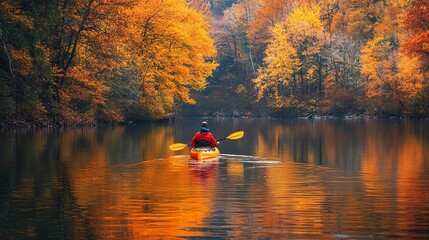 A man kayaks on a still lake with colorful fall foliage reflected in the water.