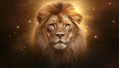Fototapeta premium Leo Constellation, A majestic lion's head in golden light, surrounded by stars, representing the cosmic strength of the Leo zodiac.
