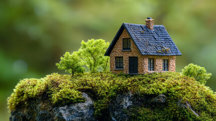 Miniature eco house in a mountains covered with moss, green friendly environment