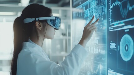 A female scientist wearing VR glasses in a futuristic laboratory