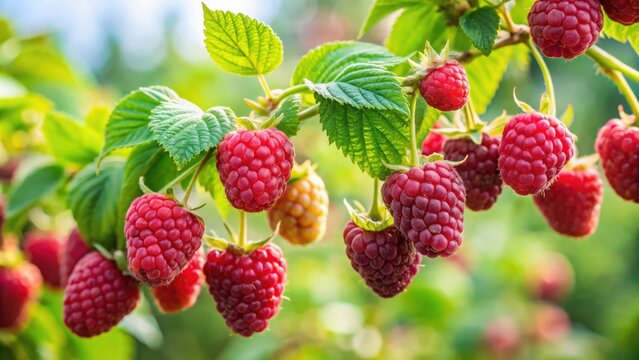 Ripe raspberries growing on a branch in the garden