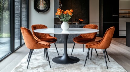 Modern round dining table with white top, black metal legs, and four brown velvet chairs.