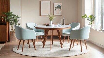 Modern Walman dining table with four mint-colored chairs, round top, and wood legs in a room setting.