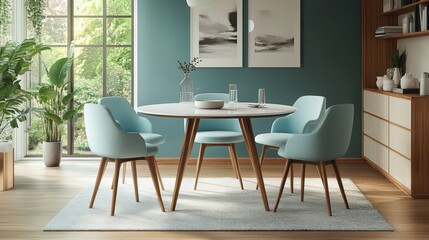 Modern Walman dining table with four mint-colored chairs, round top, and wood legs in a room setting.