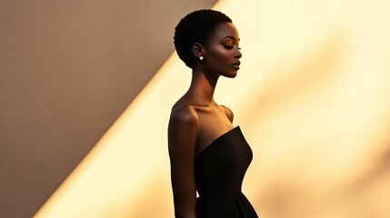 A model wearing an elegant evening gown, standing against a minimalist backdrop, highlighting the dresss flowing silhouette.