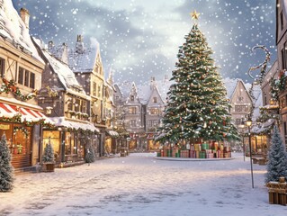 Christmas Tree in Snowy Town Square with Historic Buildings