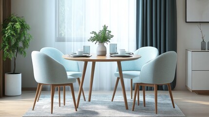 Modern Walman dining table with four mint-colored chairs, round top, and wood legs in a room setting.