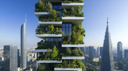 Obraz premium Nature-Infused Urban Planning, A city where buildings are designed with green spaces, trees growing on balconies, and park-like spaces between skyscrapers.