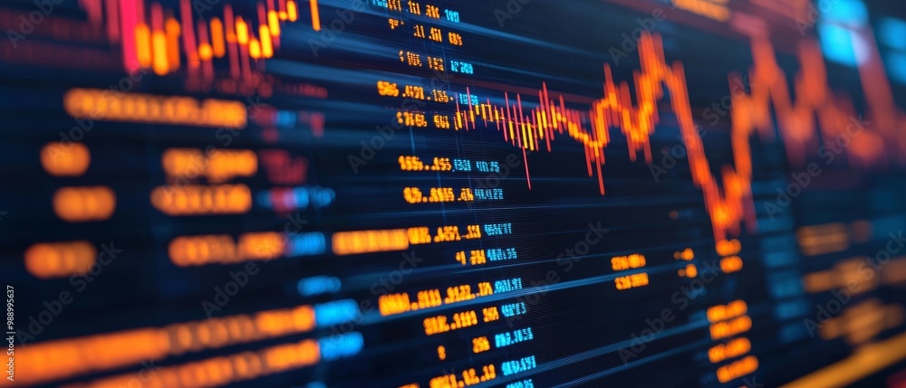 Poster abstract financial chart with data visualization and glowing lines on dark background.
