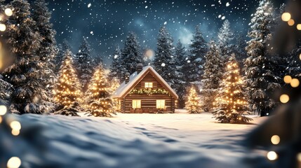 Naklejka premium Cozy Cabin in a Snowy Forest with Christmas Trees