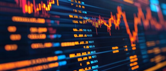 Fototapeta premium Abstract financial chart with data visualization and glowing lines on dark background.