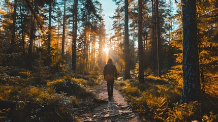 Fototapeta premium Golden Hour Adventure: Exploring the Sunlit Beauty of a Woodland Landscape