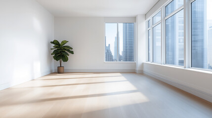A bright and spacious modern interior featuring large windows that allow natural light to flood room. potted plant adds touch of greenery to minimalist design