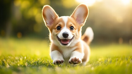 Adorable Corgi puppy running happily on a sunny day in the park. Perfect image for pet lovers and dog enthusiasts.