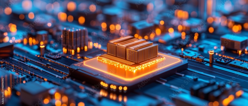 Aufkleber close-up of a microprocessor on a circuit board with glowing lights.