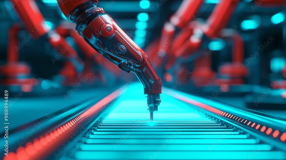 Poster close-up of a robotic arm working on an assembly line in a factory setting.