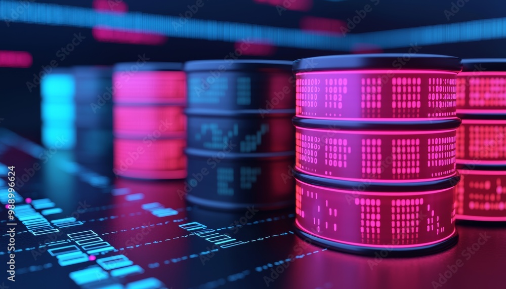 Poster colorful digital data storage concept with glowing data servers.