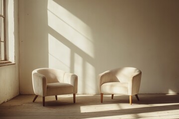 Two single armchairs in an American interior, bright and upright view, real scene photography.