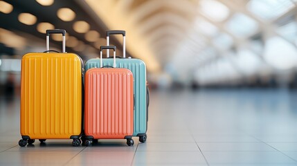 Colorful suitcases in an airport terminal, blurred background, travel ready.