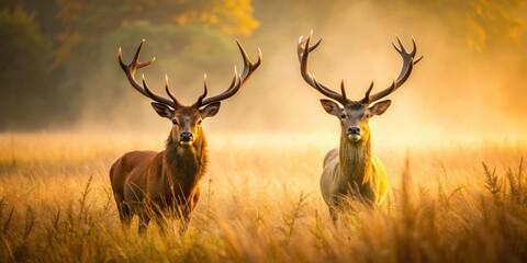 Two majestic deer with tall antlers in foggy landscape surrounded by golden grass