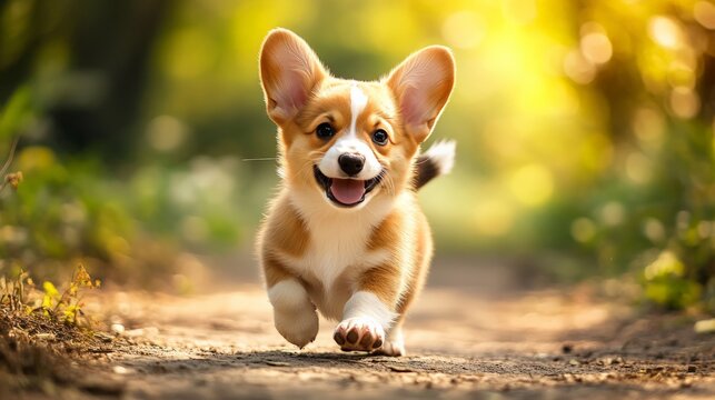 Adorable corgi puppy running on a sunny forest path, exuding joy and energy, perfect for pet and nature-themed projects.